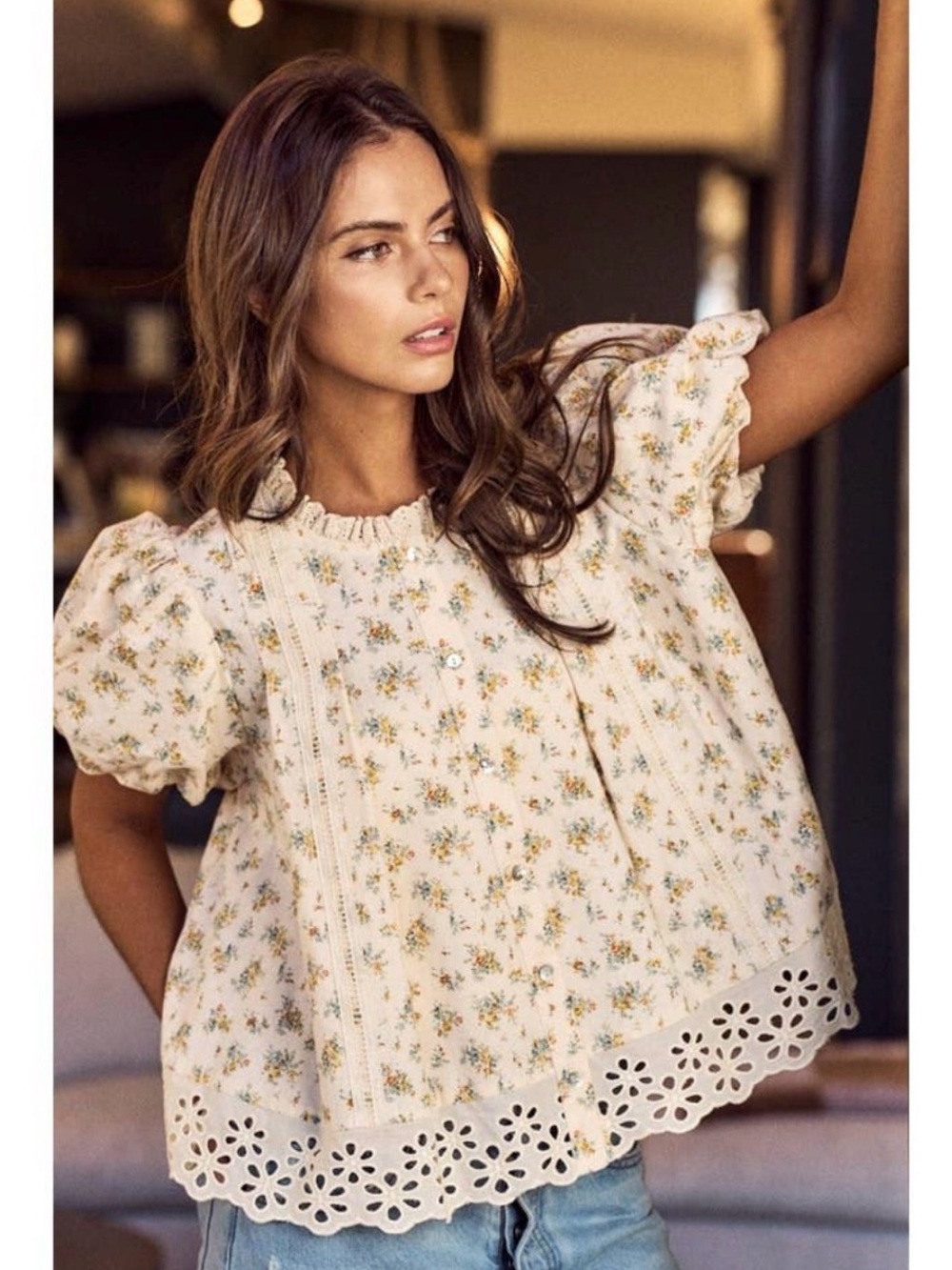 LovLov by So Me Cream Floral Eyelet-Hem Puff Sleeve Blouse